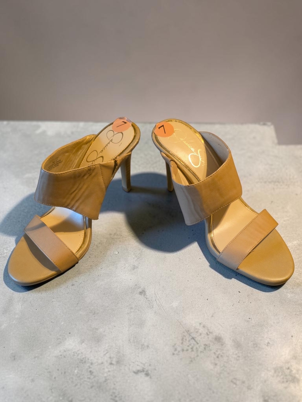 Jessica‎ Simpson Tan Double Strap Slide Heels Slim Stiletto Minimalist Dressy